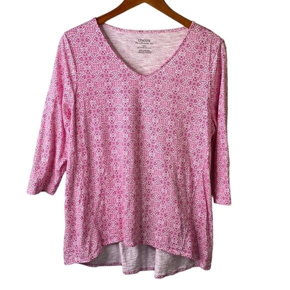 Chico's Medallion Tiles Tee Top 3/4 Sleeve V-neckline High Low Cotton Modal Soft - Picture 4 of 16